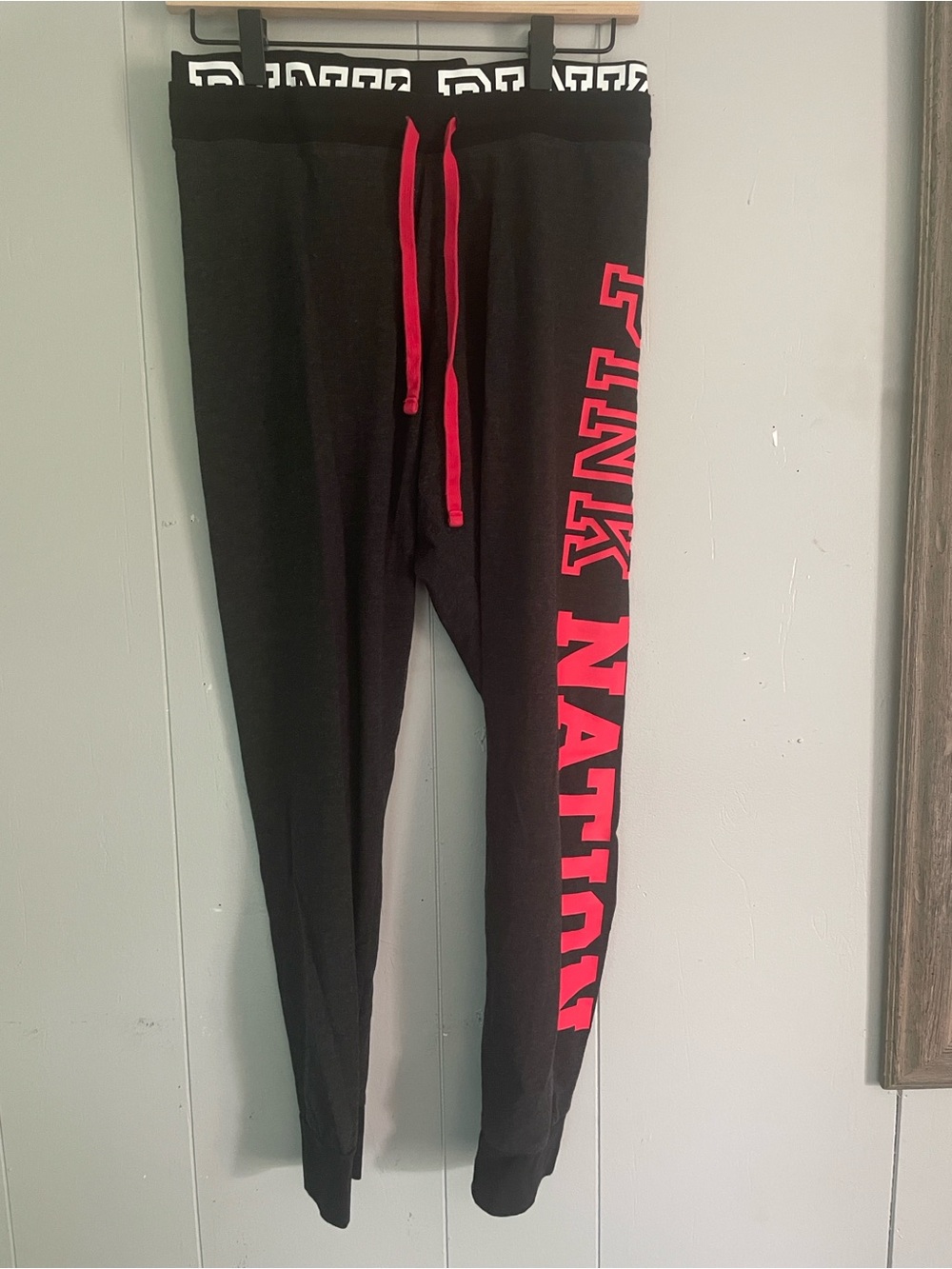 PINK Victoria's Secret Black Joggers with Pink Logo and Drawstring